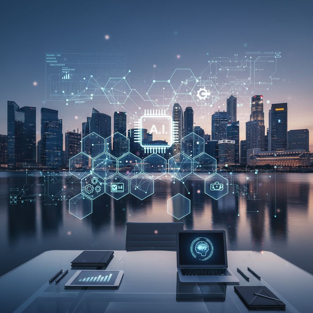 Singapore skyline with digital overlay, representing technological advancement