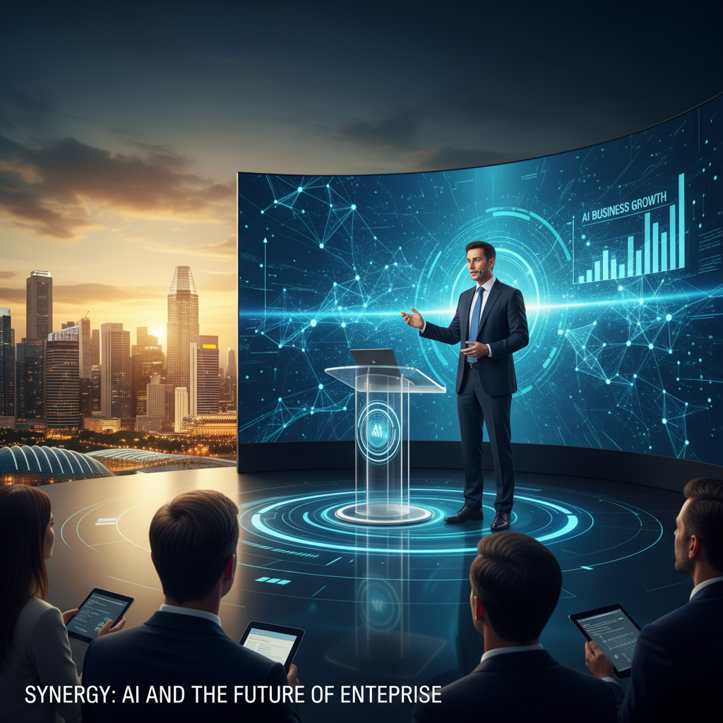Professional photo of Gavin Sim presenting on AI, with Singapore skyline in background