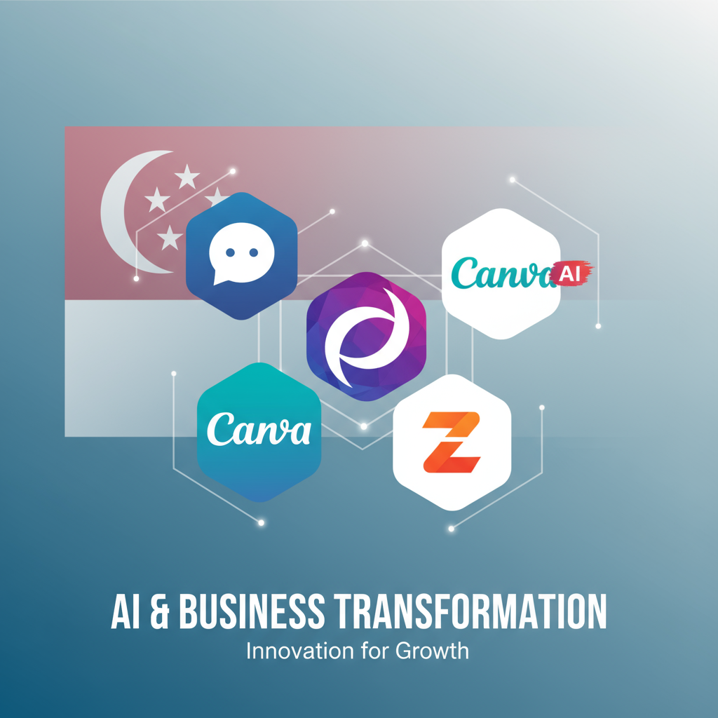 A collage of popular AI tool logos (e.g., ChatGPT, Midjourney, Canva AI, Zapier) with a Singapore fl