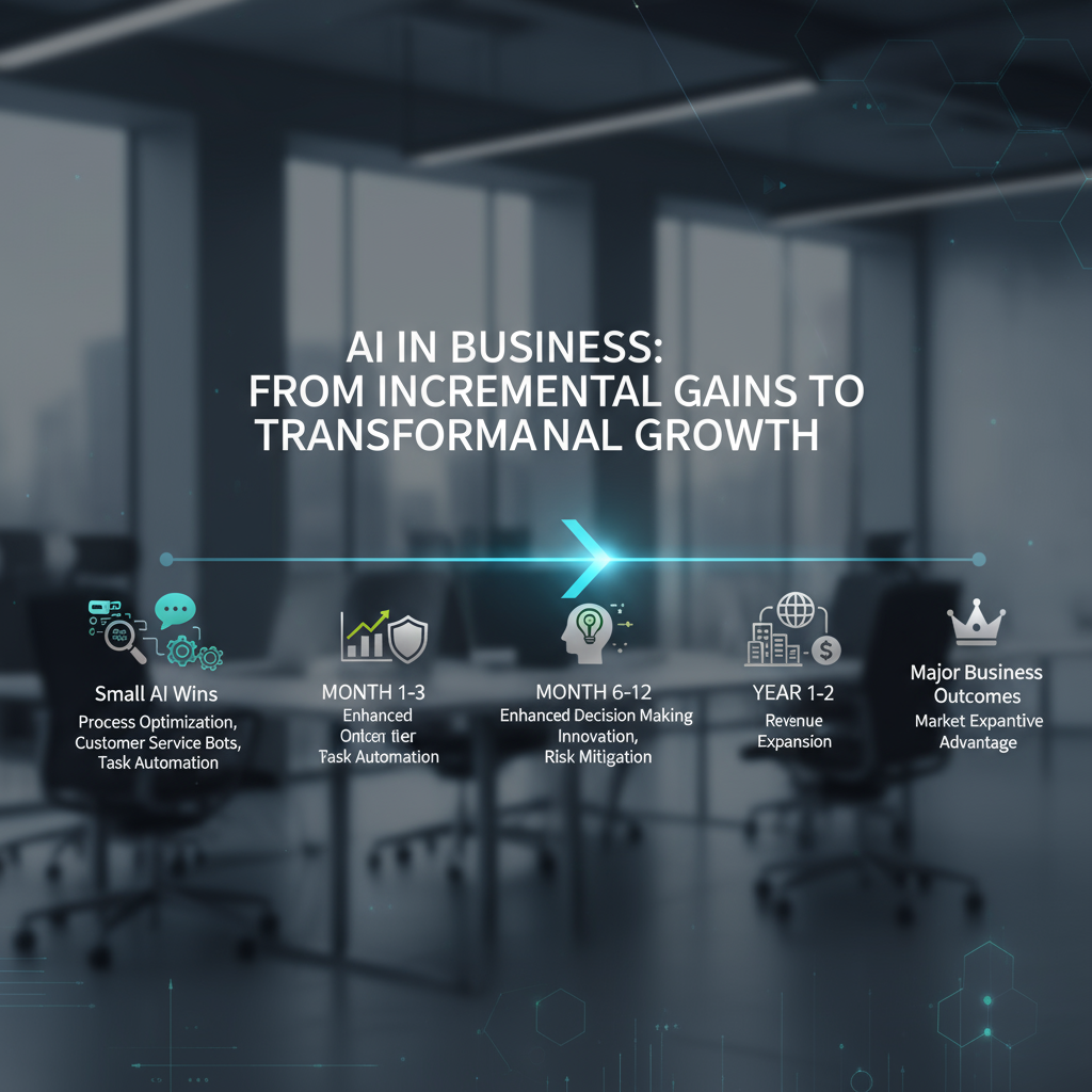 Infographic showing a timeline with small AI wins leading to increasingly larger business outcomes.