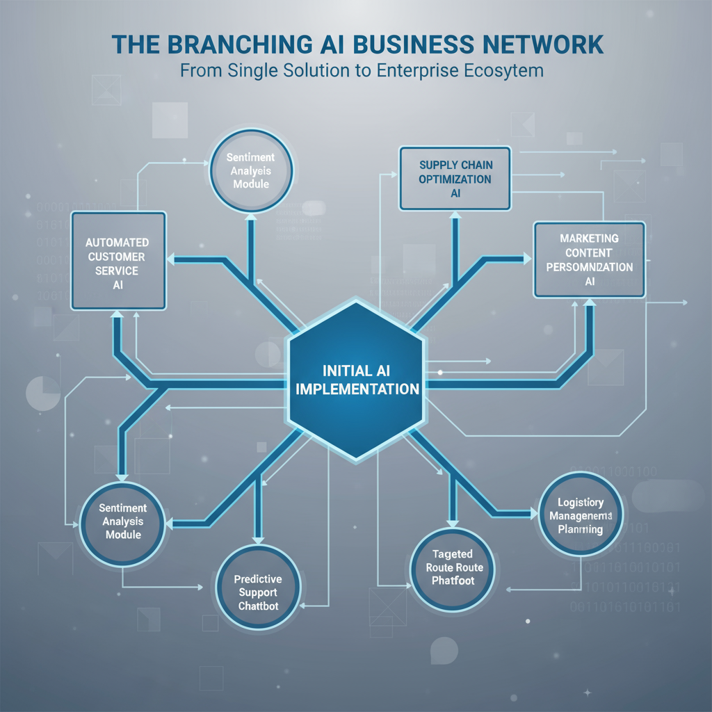 A flowchart illustrating how one AI implementation leads to another, creating a branching network of