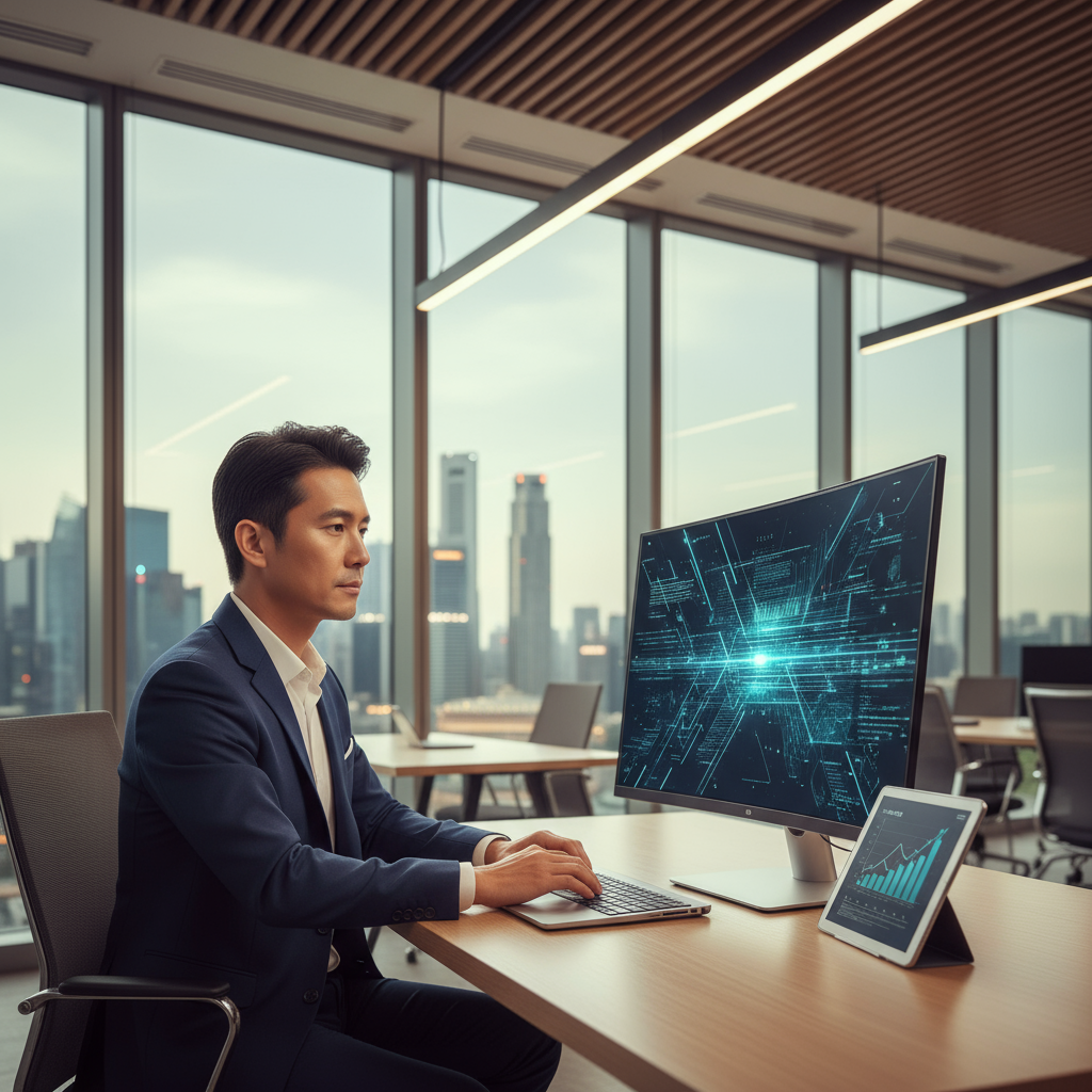 A professional in a modern office looking thoughtfully at a screen displaying AI-generated text, wit