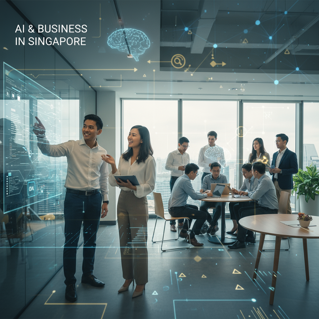 A diverse group of successful Singaporean professionals, possibly OMA Bootcamp graduates, collaborat
