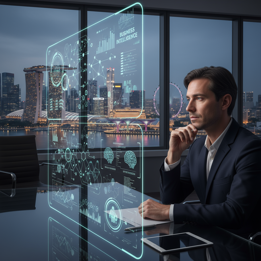 Professional looking at screen with AI interfaces, perhaps with Singapore skyline in background
