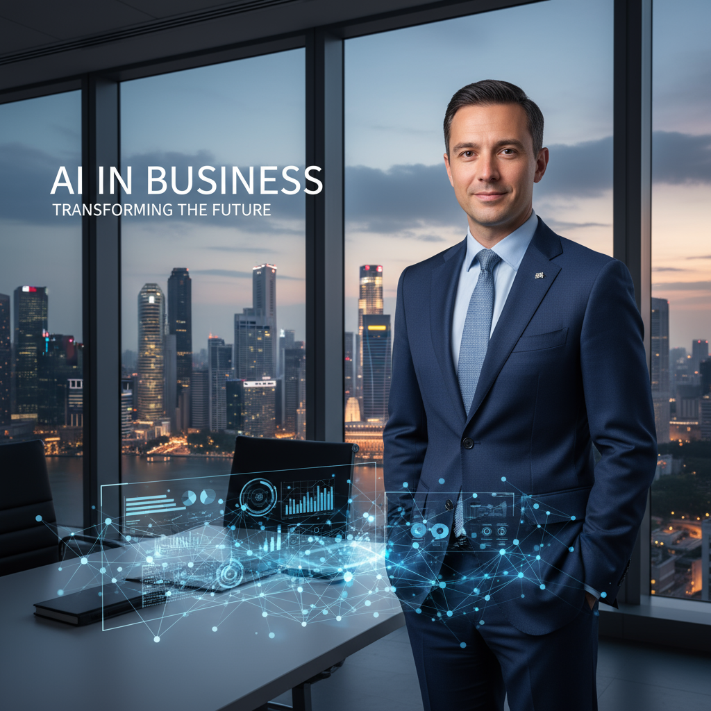 A professional, Gavin Sim perhaps, looking confident and approachable, perhaps with a Singapore skyl