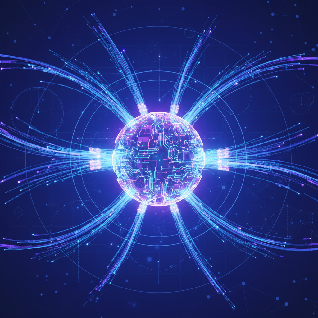 A stylized graphic representing interconnected data streams flowing into a central AI core, overlaid