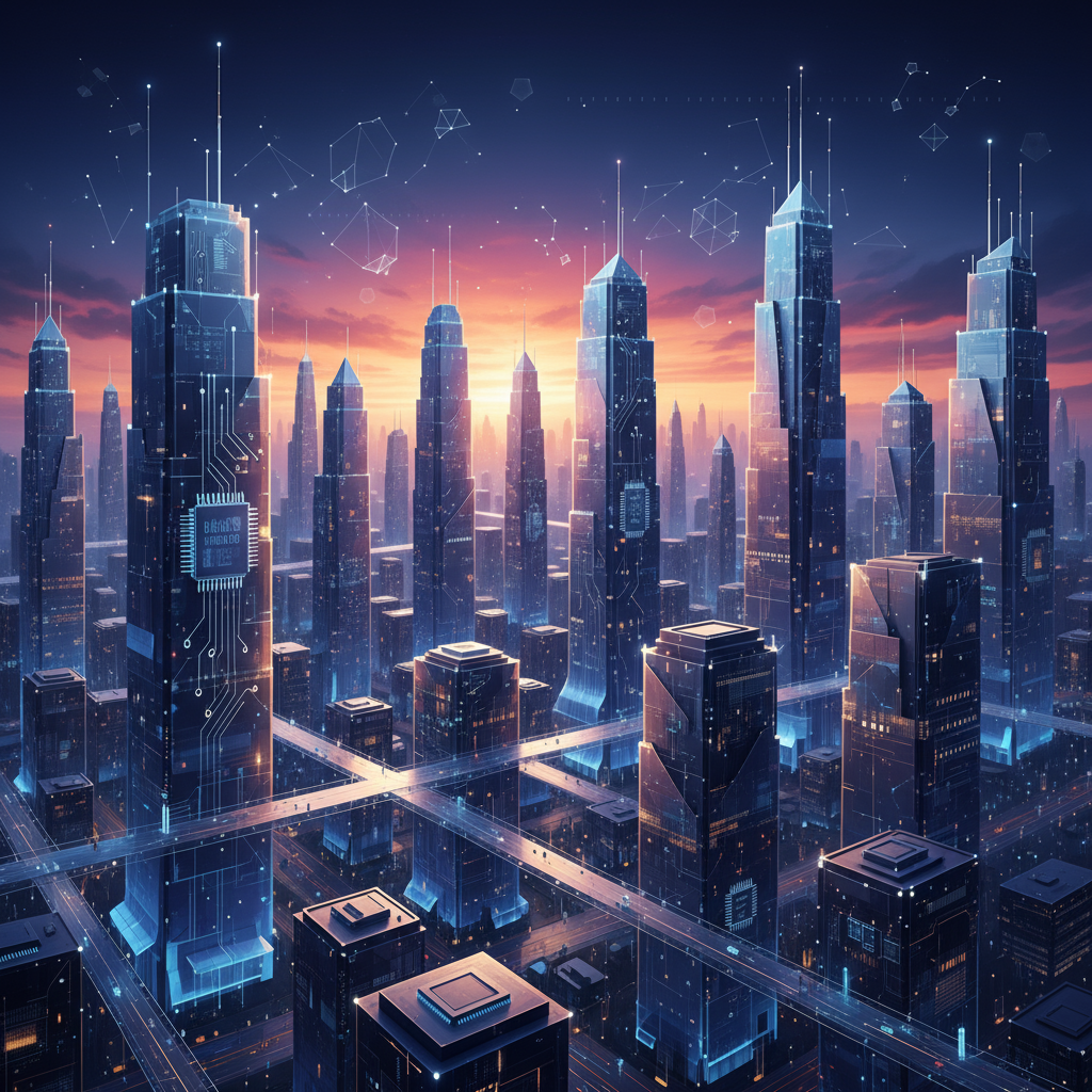 An abstract representation of a cityscape skyline at dusk, with digital circuit board lines subtly i
