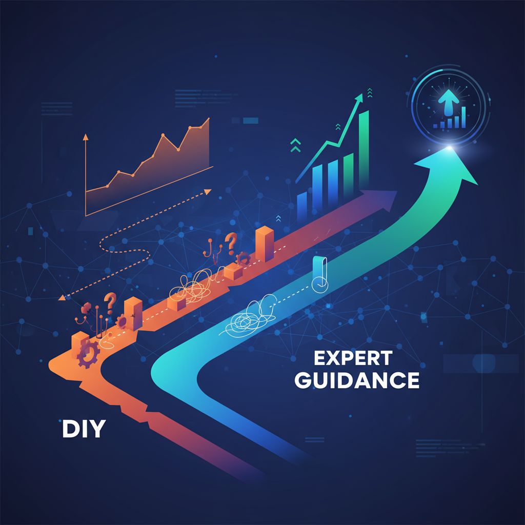 Abstract infographic showing two diverging paths, one labelled "DIY" with obstacles and a longer tim