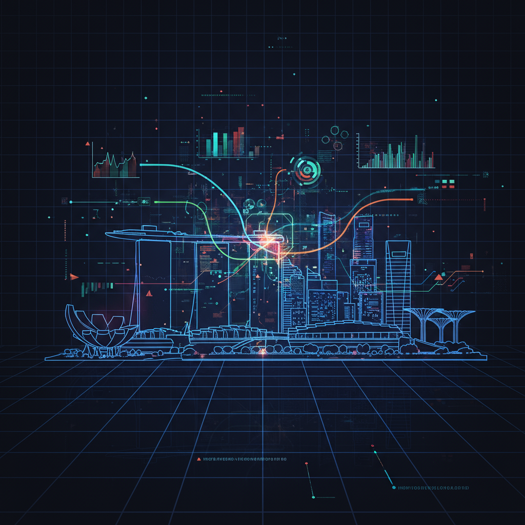 Abstract representation of data flows crisscrossing a cityscape outline of Singapore, symbolizing th