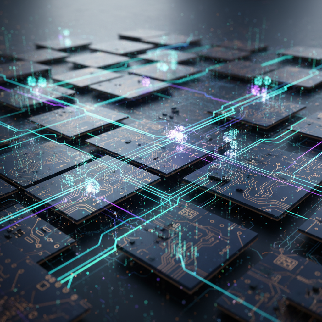 Digital representation of interconnected circuit boards and glowing data packets, illustrating compl