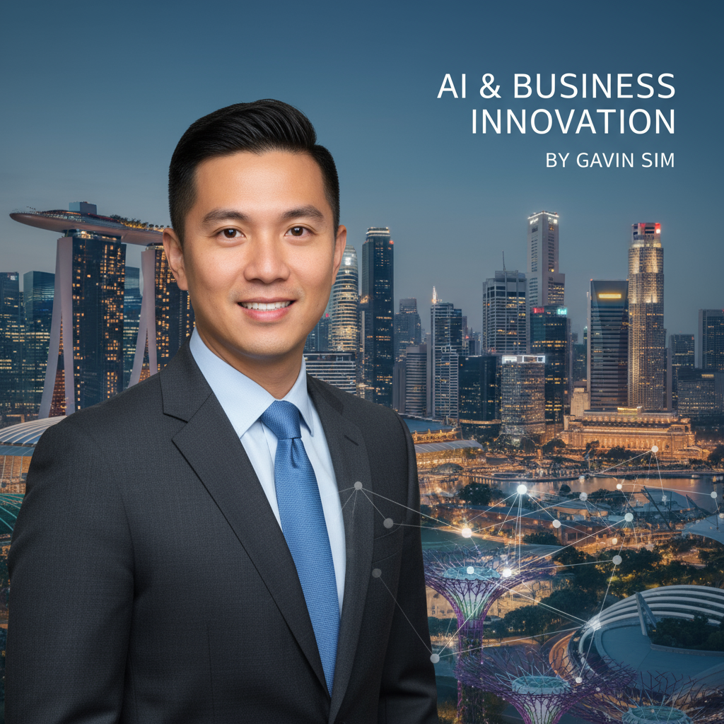 Professional headshot of Gavin Sim, smiling, with Singapore city skyline in background