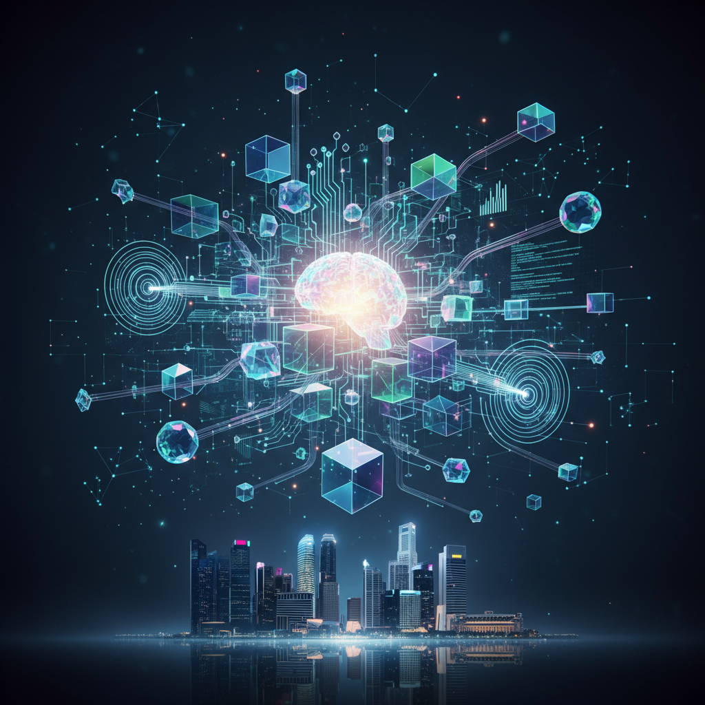 Abstract data flow visualization with interconnected geometric shapes and digital circuits represent