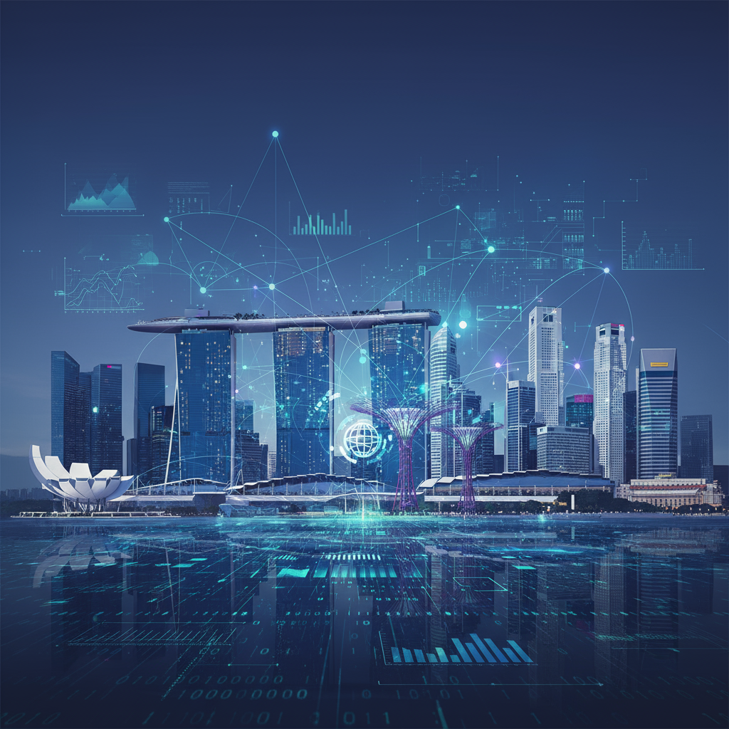 Digital representation of a cityscape in Singapore with abstract data points and network lines overl
