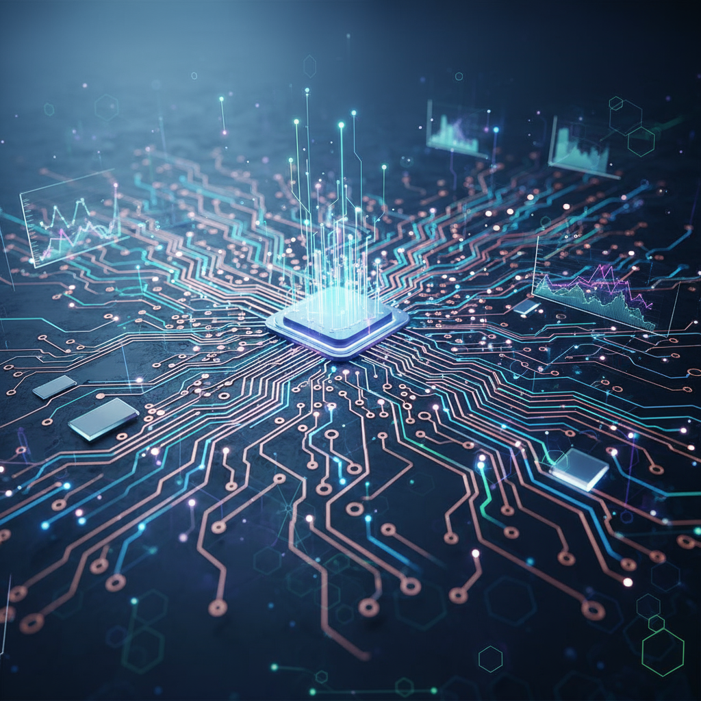 A stylized circuit board pattern with glowing data streams, representing technological innovation an