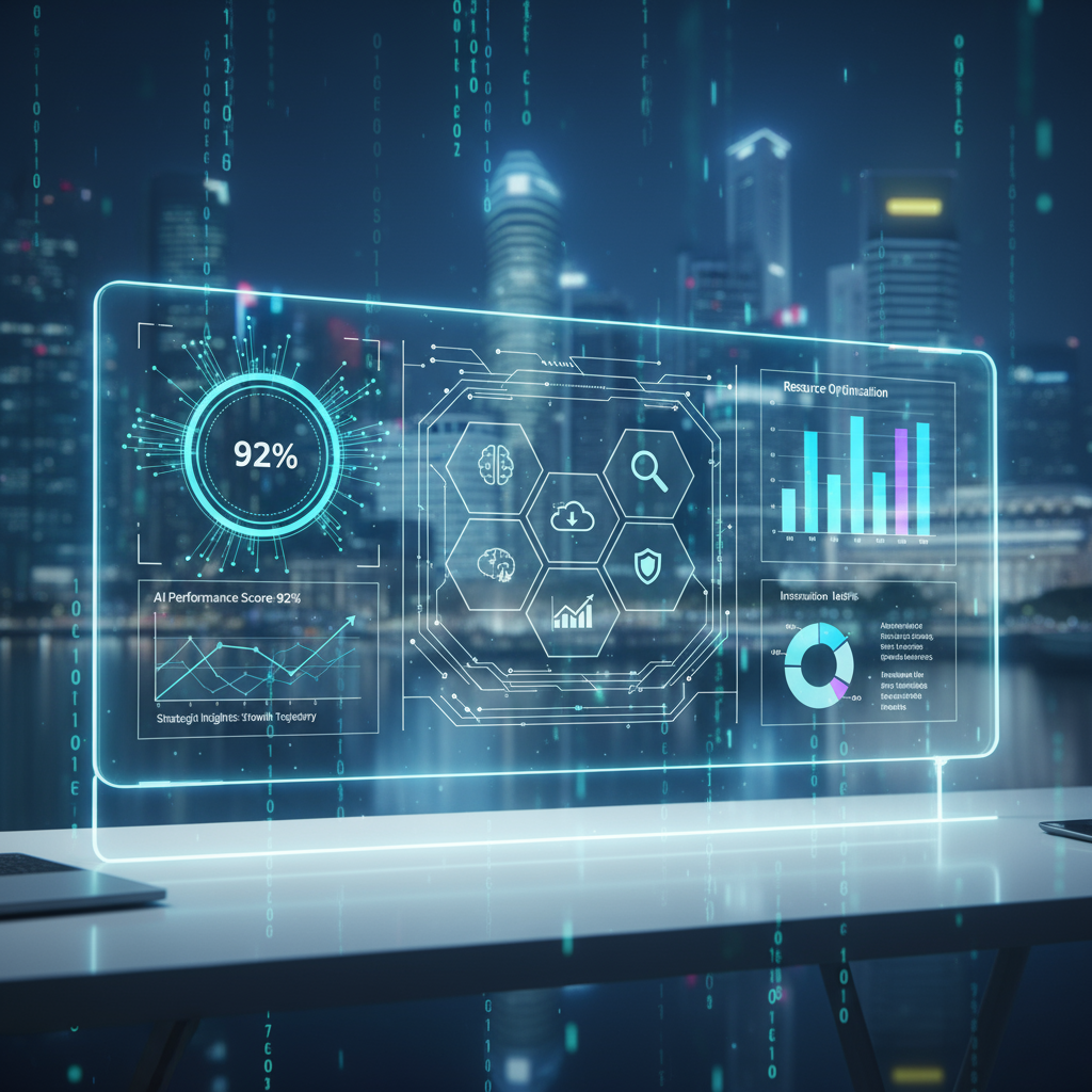 A clean, modern dashboard display with various AI-related metrics and data visualizations, symbolizi