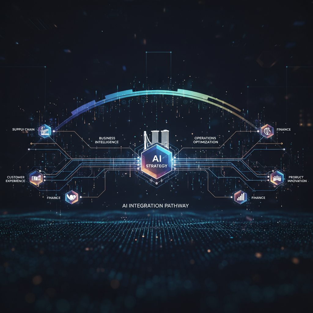 Abstract data flow visualization with interconnected nodes and lines, symbolizing the strategic inte