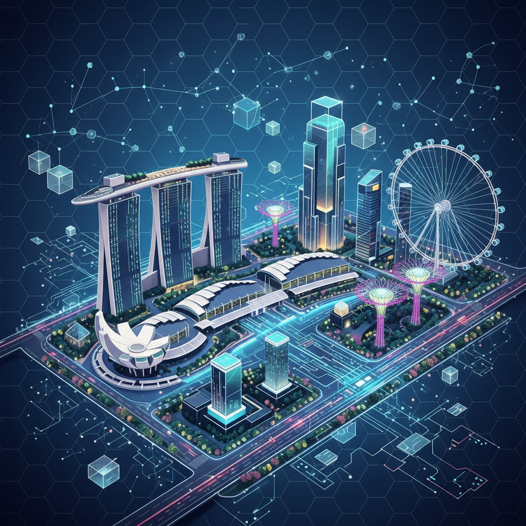 Stylized cityscape of Singapore with prominent architectural landmarks, viewed from a high vantage p